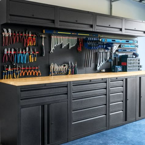 Pinnacle Hardware on Instagram: "There’s nothing more satisfying than the feeling of finally getting your garage organised 😍 With our Pro Series Storage Stations, we make the job of decluttering your garage that much easier. Pick your door/drawer combo’s and pair them with our Timber Bench Top Extension to create a seamless look. With key lockable drawers and cabinets, you can have peace of mind that your tools and accessories are being stored safe and securely 💪🛠️ Available now at @bunnings 🧰 #organisation #hardware #makeover #diyprojects #shed #bunningswarehouse #pinnaclehardware #diy #garage #homeprojects #tool #tools #toolsofthetrade #garagestorage #storage #organisation #hooks #garagehooks #pinnaclehardware #storage #pegboard" Storage Tools Organizing Ideas, Tool Case Storage Ideas, Garage Store Ideas, Small Tool Organization, Garage Tools Organization, Garage Tool Bench, Tool Room Organization, Garage Tool Organization Ideas, Organised Garage