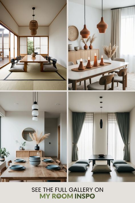 A compelling pin featuring 4 images showcasing 50 Japandi dining room style tips, highlighting the perfect merger of Japanese minimalism and Scandinavian interior design. Japandi Dining Room, Japandi Dining, Origami Table, Reclaimed Wood Sideboard, Calm Color Palette, Japandi Decor, Shoji Screen, Japandi Design, Dining Room Style