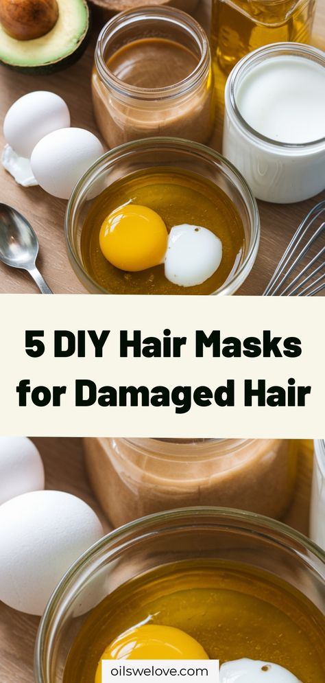 5 DIY Hair Masks for Damaged Hair - Transform your locks with these easy homemade hair treatments using natural ingredients. Say goodbye to dry and damaged hair with these simple DIY hair mask recipes. #DIYhairmasks #haircare #naturalhaircare Natural Hair Treatments For Damaged Hair, Hair Mask For Glowing Hair, Hair Mask Recipe For Damaged Hair, Hair Hydrating Mask Diy, Prewash Hair Mask Diy, Strengthening Hair Mask, Hair Mask Diy Damaged, Home Hair Mask For Damaged Hair, Easy Homemade Hair Mask