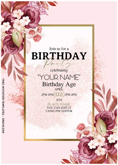 Online Birthday Invitations, Flower Birthday Invitations, Birthday Card Template Free, Happy Birthday Invitation, Free Invitation Cards, Unique Birthday Invitations, Happy Birthday Invitation Card, Editable Birthday Cards, Birthday Invitation Card Template