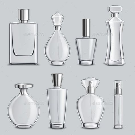 Perfume glass bottles various shapes and caps clear colorless realistic set light grey background isolated vector illustration Drawing Perfume, Basic Sketching, Light Grey Background, Product Sketches, Perfume Art, Bottle Drawing, Perfume Bottle Design, Perfume Bottle Art, Perfume Packaging