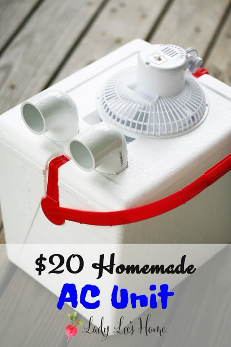 Here is a simple homemade AC unit that you can build in a just a few minutes. It cost me $20 and change, and it cools a room for a good couple of hours. Homemade Ac, Diy Air Conditioner, Camping Bedarf, Info Board, Ac Units, Rain Water Collection, Camping Fun, Back To Nature, She Shed