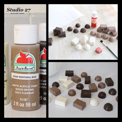 DIY Faux Holiday Chocolates How To Make Faux Graham Crackers, Diy Fake Chocolate Candy, Pretend Candy Diy, Prop Food Diy, Fake Sprinkles Diy, Faux Foods Diy, Fake Desserts Props Diy, Diy Faux Food, Faux Cookies Diy