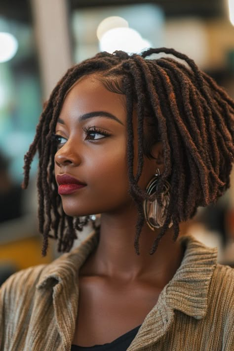 Feminine With Locs, Box Braid Dreads, Different Locs For Women, Loc Bobs For Women, Bob Dreadlocks Black Women, Loc Haircuts For Women, Happiness Black Women, Locs In A Bob Style, Locs And Hats Women