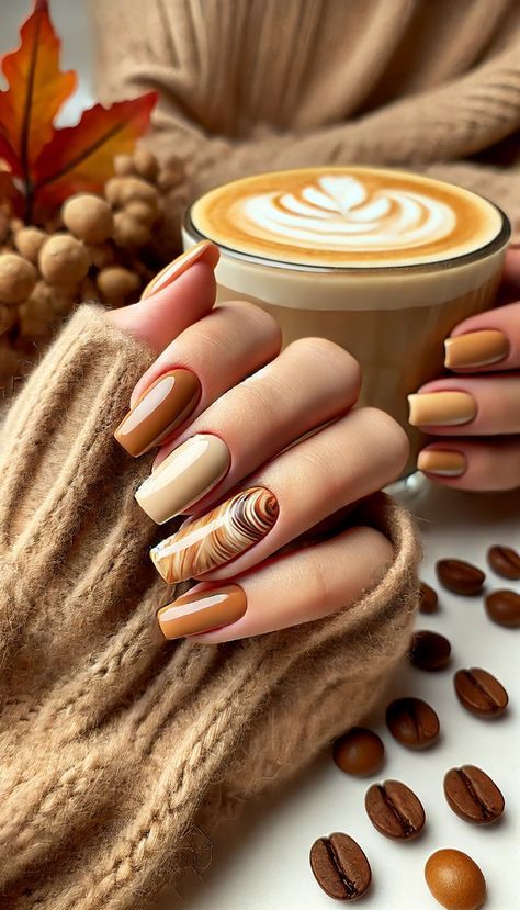 Coffe Nail Ideas, Latte Art Nails, Latte Nail Art, November Nails Fall, Harry Potter Nail Art, Pumpkin Spice Nails, Fall Nail Inspiration, Harry Potter Nails, Autumn Florals