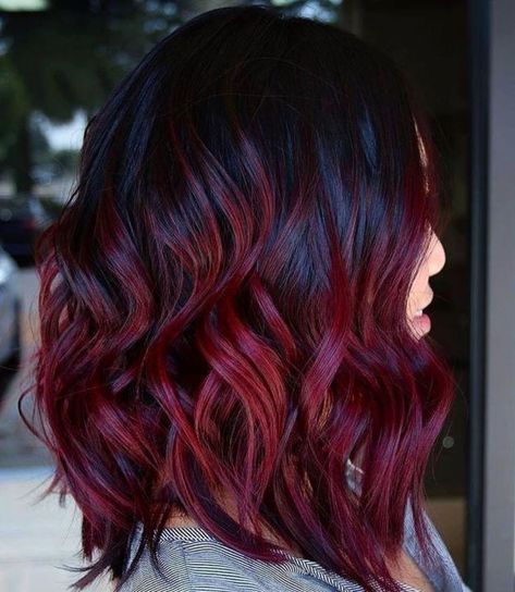 Gorgeous Dark Red Hair with Black Roots Dark Red Hair Dark Roots, Dark Hair Red Money Piece, Dark Roots Red Ends, Dark Red Hair With Black Roots, Dark Rooted Red Hair, Red Hair Highlights On Black Hair, Red Hair Black Roots, Dark Red Purple Hair, Magenta Hair Dark Roots