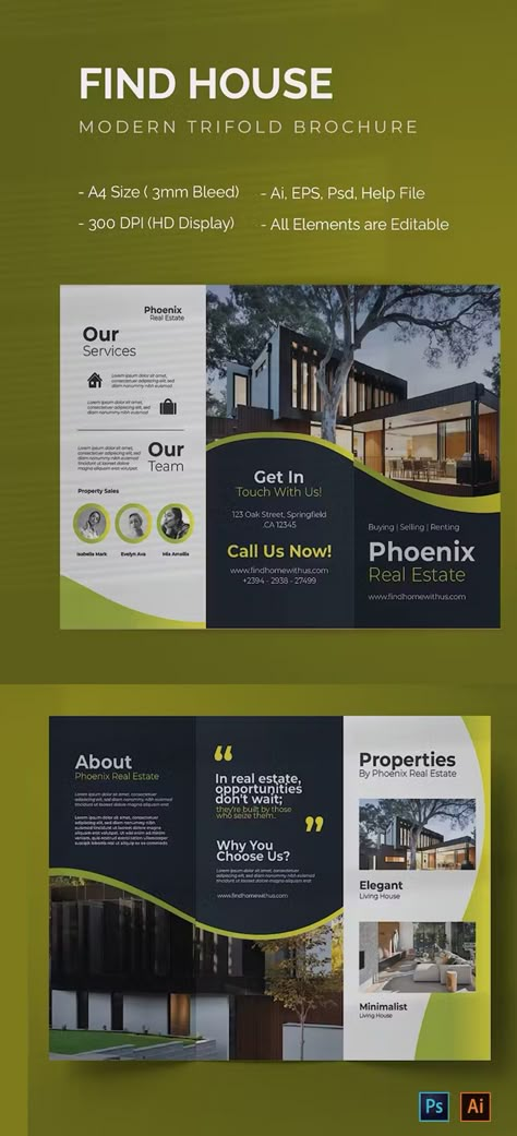 Find House Trifold Brochure Template AI, EPS, PSD House Brochure Design, Real Estate Trifold Brochure Design, Modern Trifold Brochure Design, Real Estate Trifold Brochure, Trifold Design Ideas, Property Brochure Design, Bank Brochure, House Brochure, Design Folder