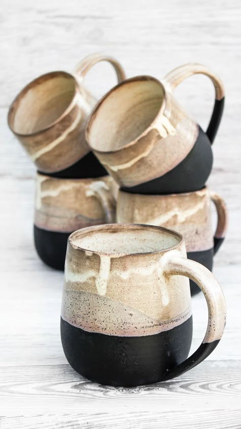 Extra large, handmade ceramic mug, for coffee, tea ar beer. Wheel thrown pottery mug with black and beige glazing. Rustic, farmhouse, boho style mug. Wabi sabi pottery. Modern artisan handcraft. Unique housiwarming, birthday, Thanksgiving, Christmas gift for mom, dad, husband, boyfried, coffee, beer lovers Clay Walls, Big Coffee, Artisan Pottery, Earthenware Pottery, Clay Mugs, Wheel Thrown Pottery, Black Clay, Pottery Techniques, Pottery Glazes