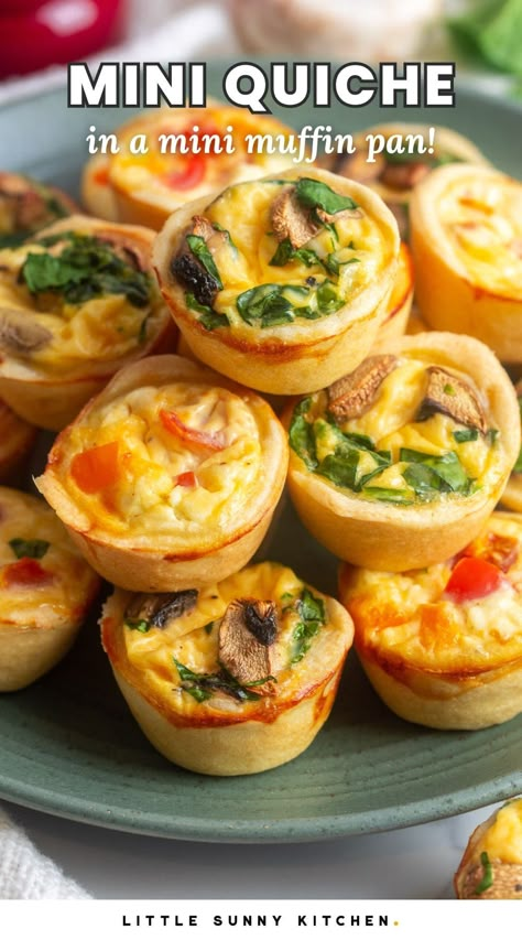 This mini quiche recipe combines fresh veggies, cheese, and eggs, baked in a flaky crust. It's simple to make and perfect for brunch! Mini Quiche Recipe, Quiche Bites, Mini Quiche Recipes, Savoury Muffins, Breakfast Quiche Recipes, Homemade Pie Crust Recipe, Quiche Recipes Easy, Tin Recipes, Mini Quiches