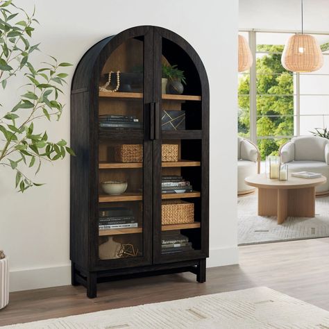 Better Homes & Gardens Juliet Rounded Solid Wood Frame Arc Cabinet, Black Finish | Walmart (US) Arched Cabinets, Arched Bookcase, White Barn Door, Farmhouse Coffee Bar, Accent Storage Cabinet, Accent Storage, Cabinet Black, Tempered Glass Door, Glass Cabinet Doors