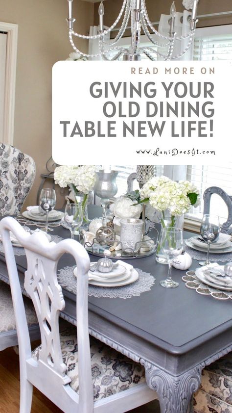 Give your old dining room table new life with the gift of transformation. This can be accomplished over the weekend or even in a day with just the perfect shade of paint and a paint brush. For this look, I used Rustoleum Chalked Paint. Click to read more on how you can have very much a brand new dining table for $40 or even less. Paint Dining Room Table, Chalk Paint Dining Table, Dining Room Furniture Makeover, Table Chalk Paint, Chalk Paint Kitchen Table, Repurpose Dining Room, Old Dining Table, Painted Dining Room Table, Old Dining Room