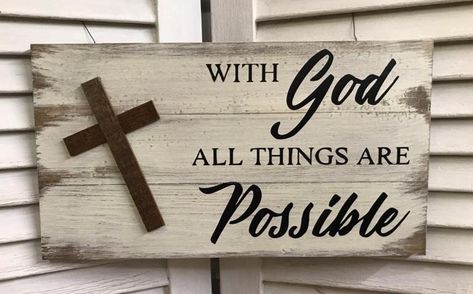 "With God" White Distressed Wooden Sign with Wooden Cross - 92117 Faith Wood Signs, Christian Wooden Signs, Scripture Signs Wooden, Cross Wood Art, Wooden Crosses Diy, Wooden Letter Crafts Build-a-cross, Christian Signs, Wooden Signs Diy, Wooden Crosses