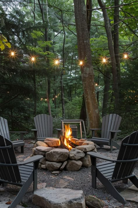 Get inspired with 40 unique backyard fire pit designs that fit any small yard. These simple, budget-conscious ideas include DIY options for both square and round pits, perfect for creating a cozy outdoor lounge space. Fire Pit Lakeside, Fire Pit In The Woods Ideas, Forest Lounge Ideas, Rustic Firepit Outdoor, Fire Pit Cabin, Large Rock Fire Pit, Fire Pit Cottage, Forest Fire Pit, Lake Fire Pit