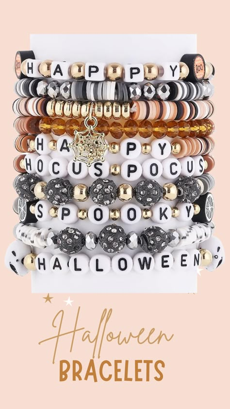 there are 10 pieces of Halloween Theme bracelets with 10 different designs, All the bracelets are consist of vinyl disc beads and gold seed beads and a HOCUS POCUS Spooky letter to make. #ad Hocus Pocus Bracelet Ideas, Clay Disc Bead Bracelet Ideas, Diy Halloween Bracelets, Halloween Beaded Bracelet, Seed Bead Ideas, Fall Bracelet Ideas, Halloween Bracelet Ideas, Blessing Bracelets, Diy Crystal Crafts