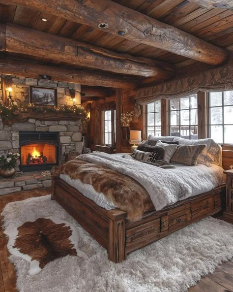 Log Houses Luxury Log Cabin Interior, Bloxburg Log Cabin, Wood Cabin Bedroom, Rustic Log Cabin Interior, Old Cabin Interior, Log House Interior, Log Cabins Interiors, Timber Bedroom, Log Bed Frame