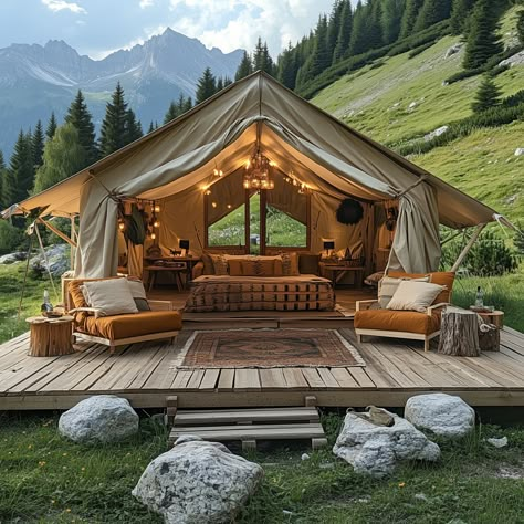 Take a walk on the wild side – in luxury safari tents 🌄🏕️ #JungleGlamping #LuxuryEscape Safari Lodge Tent, Luxury Glamping Tents, Glamping Tent Interior Ideas, Glamping Airbnb, Glamping Decor, Bell Tent Glamping, Tent Platform, Yurt Living, Safari Design