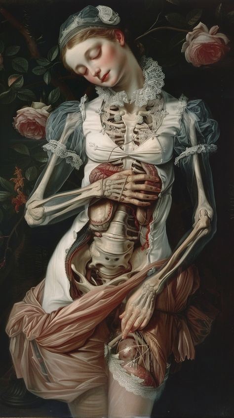 #SurrealAbstractAnatomy #YoungNymph #Ethereal #Dramatic #LaceAndFabric #DreamyOilPainting #EdwardRobertHughes #LuisRicardoFalero #FineArt #TheCandie Women Skeleton Drawing, Edward Robert Hughes Paintings, Melting Body Art, Halloween Horror Art, Body Horror Painting, Paintings With Dark Meaning, Abstract Dark Painting, Abstract Anatomy Art, Surreal Horror Art