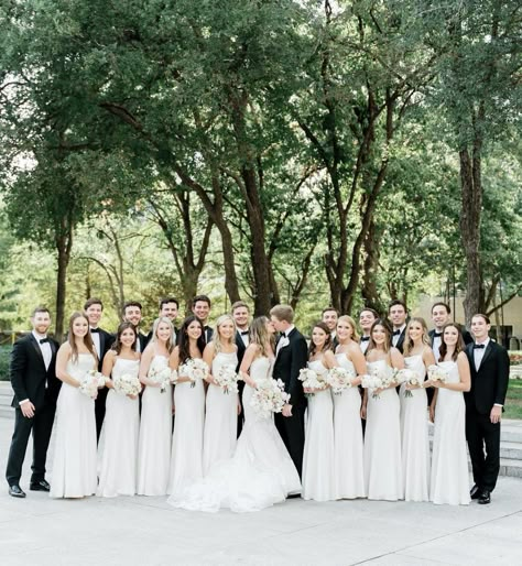 Large Bridal Party Ceremony, Bridal Party In White, White Dress Bridal Party, All White Bridal Party Bridesmaids, White Bridesmaid Dresses With Bride, Platinum Bridesmaid Dresses, All White Wedding Bridesmaids, White Alabaster Bridesmaid Dress, All White Bridal Party