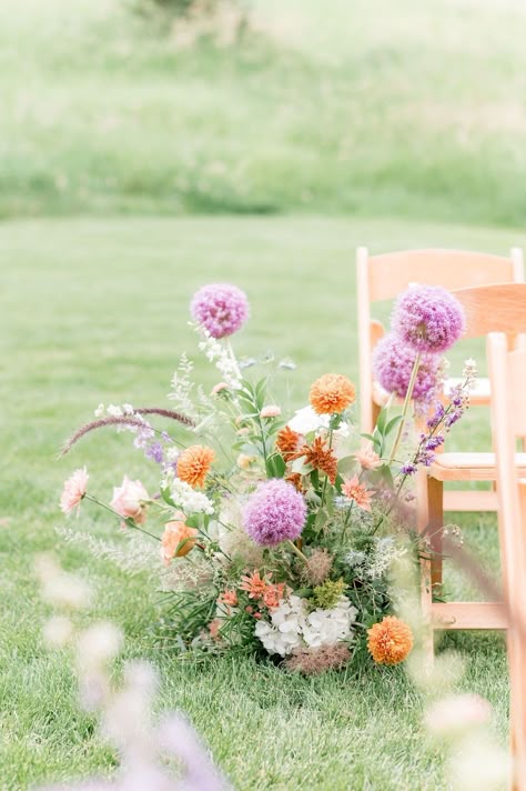 Whimsical aisle meadow pieces from A & A 's summer wedding at Spruce Mountain Ranch in Larkspur, Colorado. Photo @BritniGirard Wedding Florals Whimsical, Wild Flower Aisle, Meadow Centerpiece, Wildflower Wedding Aisle, Flower Meadow Wedding, Aisle Meadow, Summer Wedding Aisle, Larkspur Colorado, Spruce Mountain Ranch