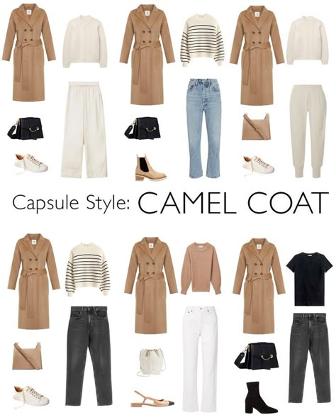 Chic Travel Capsule Wardrobe, Camel Coat Spring Outfit, Capsule Style Outfit, Capsule Wardrobe Trench Coat, Fall Style Classic, Fall Outfit With Trench Coat, Fall Coats For Women 2022, One Week Outfit Travel, Parisian Fall Outfits Casual