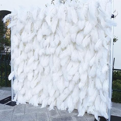 Backdrop With Feathers, Feather Wall Backdrop, White Feather Wedding Decor, Ostrich Feather Backdrop, White Feather Wall Backdrop, Feather Wedding Decorations, Artificial Flower Wall, Bridal Shower Photos, Flower Wall Backdrop