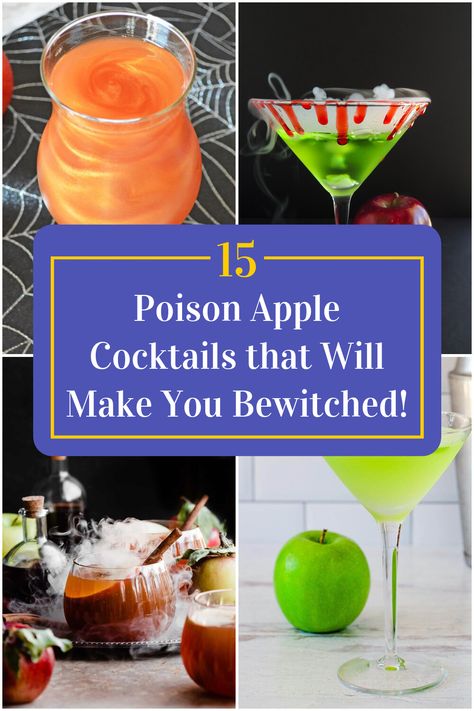 Collage of 4 poison apple cocktails. Poison Apple Cocktail Recipe, Poison Apple Cocktail, Washington Apple Shot, Apple Cocktail Recipes, Apple Cocktails, Apple Pie Cocktail, Spooky Drinks, Crown Apple, Batch Cocktail Recipe