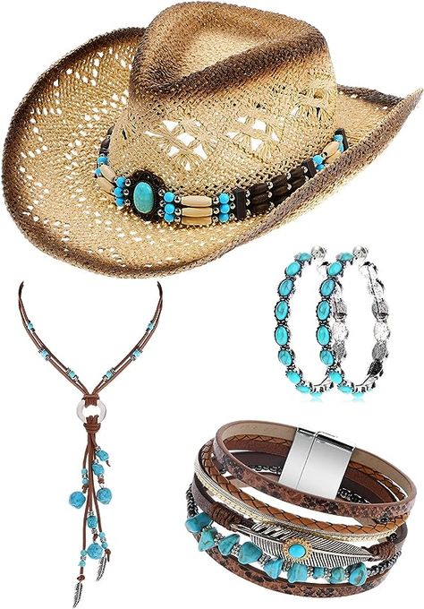 4 Pcs Boho Jewelry Set Cowboy Hat with Vintage Synthetic Turquoise Necklace, Bracelets, Earrings for Women #Paidlink Women Classic Style, Turquoise Jewelry Western, Vintage Turquoise Jewelry, Rodeo Style, Turquoise Jewelry Set, Turquoise Western, Straw Cowboy Hat, Western Cowboy Hats, Turquoise Pendant Necklace