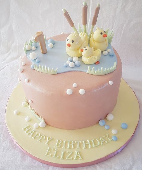 Little girl's first birthday cake! Duck fan! #lucyscakehouse Duck Theme Birthday Cake, Duck 1st Birthday Girl, Duck First Birthday Girl, Duck Cakes Birthday, Birthday Cake Duck, Duck Theme Cake, Duck Cake Ideas, Cute Duck Cake, Cake Without Fondant