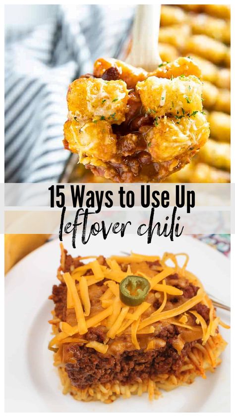 Two leftover chili dishes….easy ways to use up chili on Day 2! Chili Recipies, List Of Dinner Ideas, Leftover Chili Recipes, Baked Chili Cheese Dogs, Chili Baked Potato, Leftover Meals, Chili Bake, Chili Pie, Chili Casserole