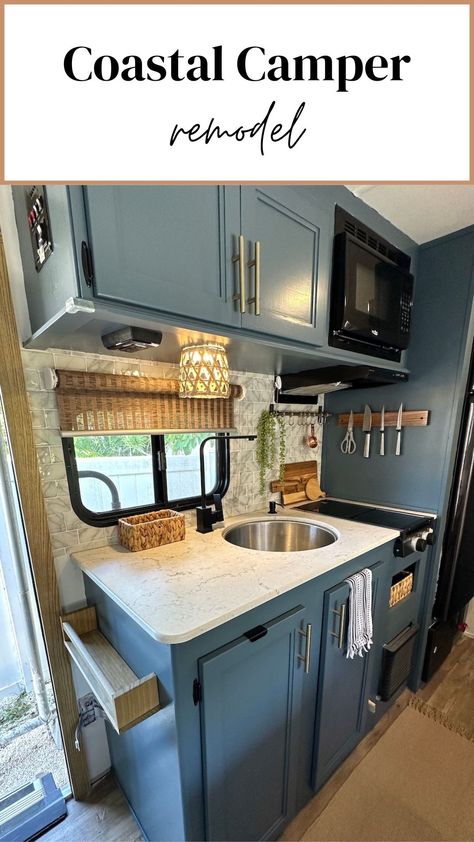 Discover how to give a camper an amazing makeover with a full RV remodel on a budget. Get inspired by this coastal camper remodel before and after and find out how to decorate for a memorable camper experience. Old Travel Trailer Remodel, Micro Minnie Winnebago Ideas, Small Camper Decor, Class C Rv Decorating Ideas, Remodeled Campers Before And After, Diy Trailer Remodel, Camper Paint Ideas Interior, Class C Rv Renovation Ideas, Rv Slide Out Remodel