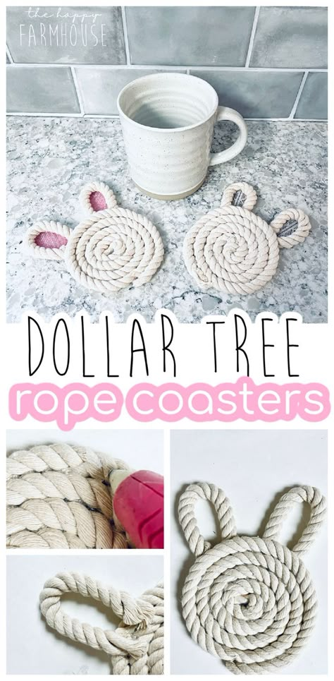 Dollar Tree Bunny, Easy Easter Decor, Easter Crafts To Make, Easter Crafts Dollar Store, Dollar Tree Easter Crafts, Rope Coasters, Easter Crafts For Adults, Diy Home Decor Dollar Store, Craft To Make