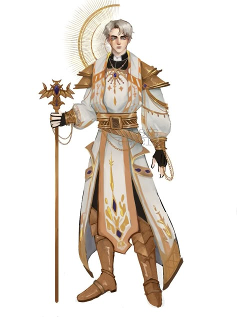 Fantasy cleric character design concept art Sun Cleric Dnd, Cleric Poses Reference, Fantasy Robes Concept Art, Cleric Clothing, Cleric Of Lathander, Religious Character Design, Prophet Character Design, D&d Cleric Art, Cleric Outfit Design