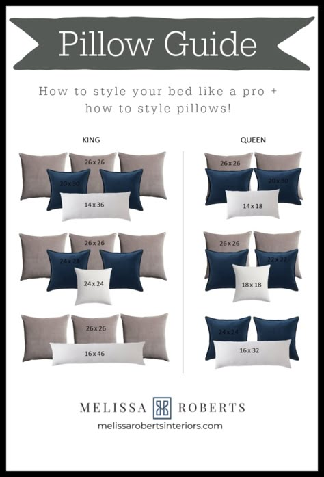 How to Style Your Bed Like a Pro - Melissa Roberts Interior | Design & Home Decor Blog What Size Throw Pillows For King Bed, Accent Pillow Size Chart, Throw Pillow Sizes Chart, Guest Bedroom Throw Pillows, Pillow Guide, Bedroom Pillows Arrangement, Pillow Measurements, Bedding Master, Pillow Sizes Chart