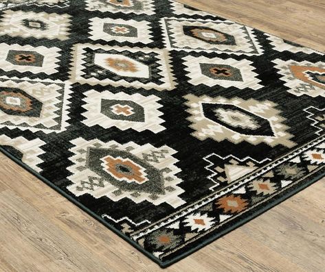 Greta Charcoal & Beige Geometric Runner Rug, (1.1' x 7.6') -  #beige #Charcoal #Geometric #Greta #Rug #runner Brown And Black House Decor, Rugs With Black Couch, Aztec House Decor, Western Rugs Living Room, Black White And Wood Decor, Western Home Decor Ranch Style, Southwest Decorating, Western Office, Diy Farmhouse Ideas