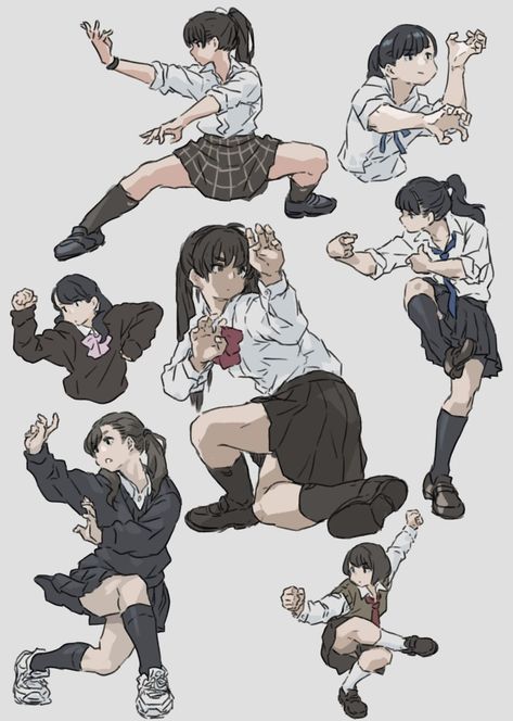 School Drawing, 캐릭터 드로잉, Beautiful Illustration, Character Poses, Dynamic Poses, Figure Drawing Reference, Dessin Adorable, Poses References, Action Poses