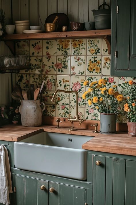 Cottage Core Kitchen, Cottagecore Kitchen, Cottagecore Home, Cottage Kitchens, Cozy Kitchen, Dream House Interior, Cottage Kitchen, Green Kitchen, Dream House Decor