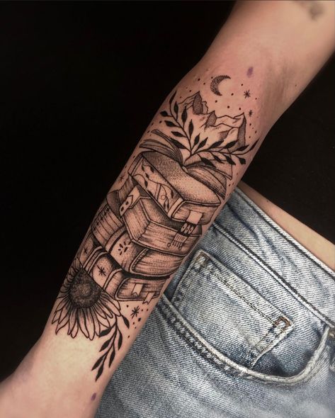 Reading Tattoo Sleeve, Creative Tattoo Sleeves For Women, Self Growth Sleeve Tattoo Ideas, Unique Forearm Tattoos Creative, Book Half Sleeve Tattoos For Women, Books And Nature Tattoo, Books Coffee Tattoo, Library Sleeve Tattoo, Book Forearm Tattoo Women