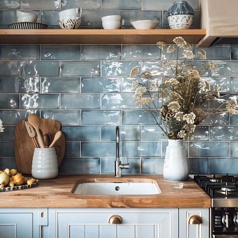 17+ Blue Kitchen Backsplash Designs for a Serene Cooking Space • 333+ Art Images Blue Ceramic Tile Kitchen Backsplash, Blue Cupboards Wood Countertop, Kitchen Ideas Blue Tiles, Blue Countertops Kitchen Ideas, Light Blue Kitchen With Butcher Block, Kitchen Design Wallpaper, Farmhouse Kitchen Blue Backsplash, Kitchen Blue Tile Backsplash, Kitchen With Colorful Backsplash