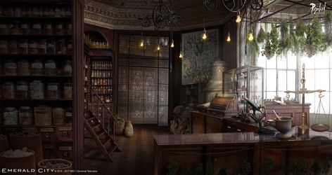 Emerald City - Ev herbalist, Pixoloid Studios on ArtStation at https://www.artstation.com/artwork/X8Noa Herbalist Shop, Apothecary Decor, Environment Painting, Episode Backgrounds, Greenhouse Interiors, Fantasy Island, Fantasy Places, Emerald City, Interior Design Art