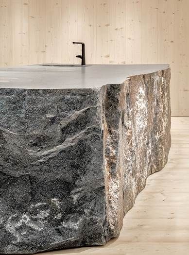 Stone Reception Counter, Stone Kitchen Island, Natural Stone Counter, Peter Zumthor, Rock Textures, Stone Bar, Stone Kitchen, Restaurant Interior, Home Room Design