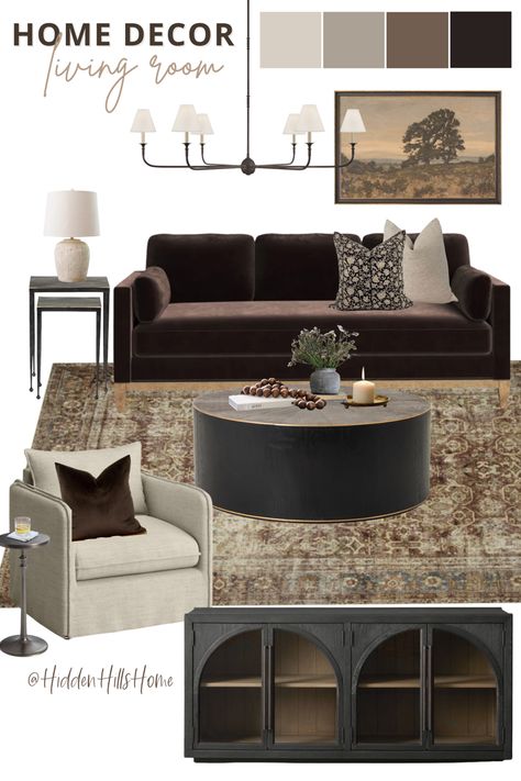 Living room decor mood board with dark and moody tones! This living room has a modern traditional style with hints of vintage inspiration Dark Brown Sofa Living Room, Room Decor Mood Board, Brown Velvet Sofa, Decor Mood Board, Velvet Sofa Living Room, Masculine Living Rooms, Brown Sofa Living Room, Organic Modern Living Room, Moody Living Room