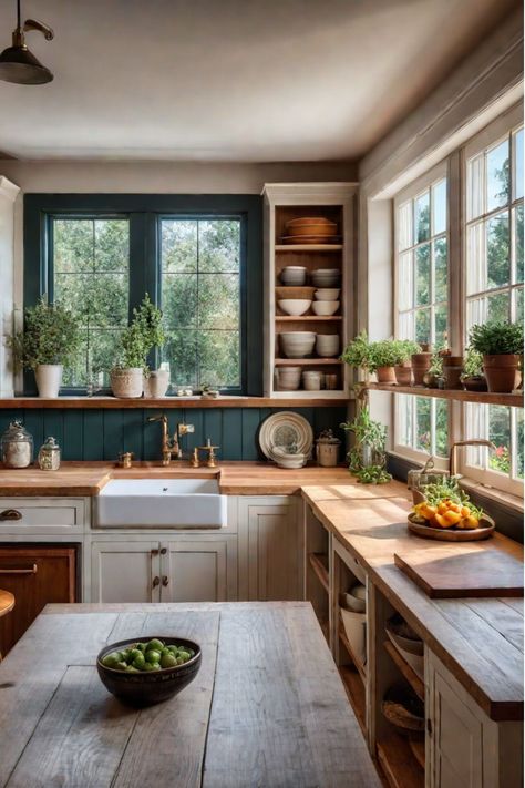 Small Cottage Inspiration, White Kitchen Cottage Style, Tiny Home Kitchen Ideas Farmhouse, Cottage Vibe Kitchen, Small Space Renovation, New England Cottage Kitchen, Modern Cottage Core Kitchen, Modern English Cottage Kitchen, Warm Cottage Kitchen