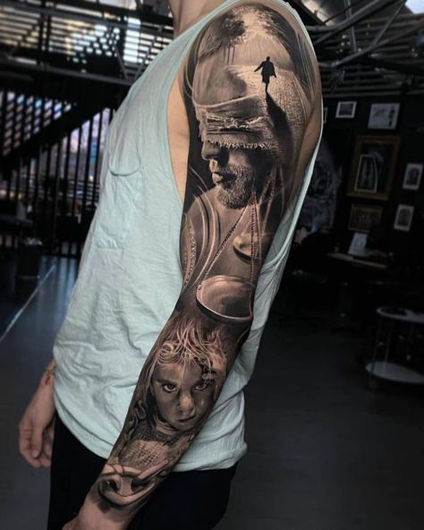 Realistic full arm tattoo A blindfolded man is remembering Tato Realis, Voll Arm-tattoos, Hammer Tattoo, Meaningful Tattoos For Men, Small Wave Tattoo, Christian Sleeve Tattoo, Full Tattoo, Omerta Tattoo, Full Arm Tattoos