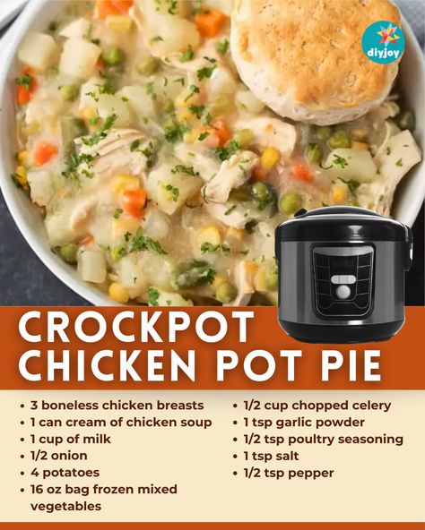 This crockpot chicken pot pie is a delicious, filling, and easy-to-make dinner meal! It has chicken, vegetables, and cream of chicken soup. Slower Cooker Chicken Pot Pie, Pub Style Chicken Pot Pie Soup, Keto Chicken Pot Pie Soup Crockpot, Chicken Pot Pie Recipe Slow Cooker, Easy Chicken Pot Pie In Crockpot, Crock Pot Pot Pie Chicken, Croissant Pot Pie, Crockpot Chicken Pot Pie Soup Recipes, Chicken Pot Pie Noodles Crockpot