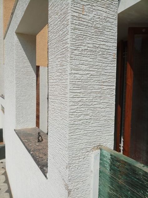 Wall Putty Texture Design For Hall, Texture Paint For Exterior Wall, Elevation Texture Designs For House, Sitout Wall Texture Design, Texture Exterior Walls, Exterior Texture Paint Designs, Elevation Wall Texture, Rustic Textured Walls Exterior, Texture Designs For Walls Exterior