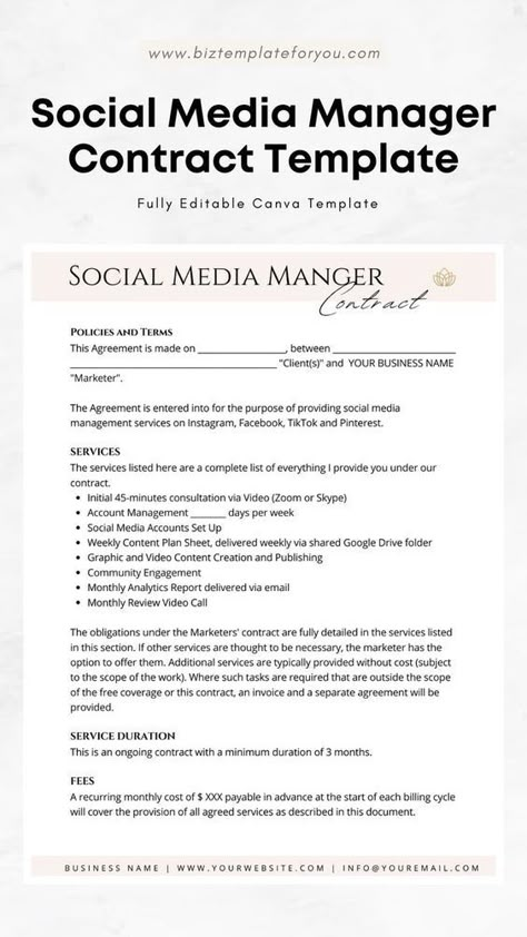 Craft effortless social media management contracts with our editable template. This user-friendly tool streamlines the process and ensures clarity for both you and your clients.  Align your social media strategies, maintain consistent feeds, and confidently manage content across all platforms.  
.#CanvaTemplates #SocialMediaDesign #InstagramIdeas #PinterestTemplates #CreativeCanva Social Media Contract Template, Instagram Content Ideas For Social Media Managers, Social Media Manager Contract Template, Social Media Management Contract, Social Media Management Tips, Social Media Manager Template, Social Media Manager Content Ideas, Social Media Contract, Social Media Manager Contract