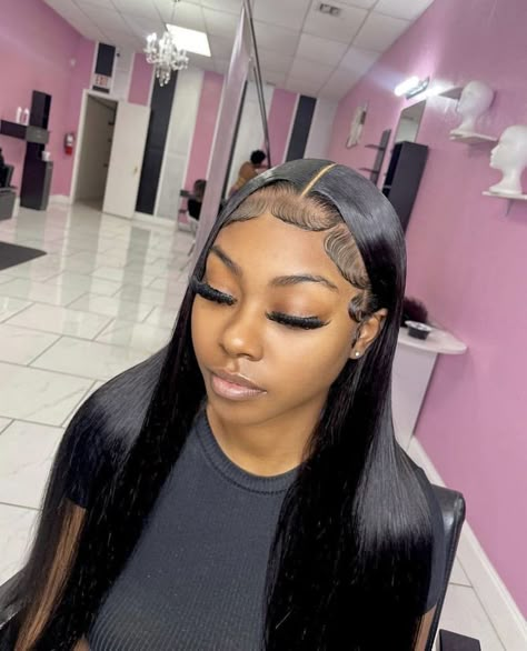 Middle Part Lace Front Wigs Straight Edges, Middle Part Wig With Edges, Middle Part Styles Wig, Middle Part Buss Down Dramatic Edges, Wig Edges Ideas Side Part, Middle Part Lace Front Wigs Edges, Middle Edges Wig, Wig Edges Ideas Middle Part, Middle Part Install