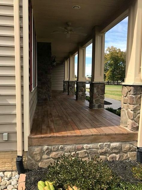 Front Porch Remodel, Concrete Front Porch, Stone Porches, Front Porch Makeover, Porch Remodel, Porch Columns, Front Porch Design, Porch Makeover, Farmhouse Front Porches