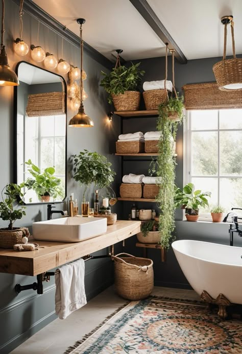 Earthy Bathroom, Boho Bathroom Ideas, Boho Bathroom Decor, Rustic Bathrooms, Daily Rituals, Boho Bathroom, Modern Bathroom Decor, White Living, Bathroom Inspo