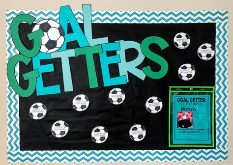 Goal Setting Bulletin Board Elementary, Sports Board Decoration Ideas, Testing Bulletin Board Ideas, Student Goals Display, Soccer Bulletin Board, Data Bulletin Boards, Team Bulletin Board, Testing Bulletin Boards, Honesty Lesson